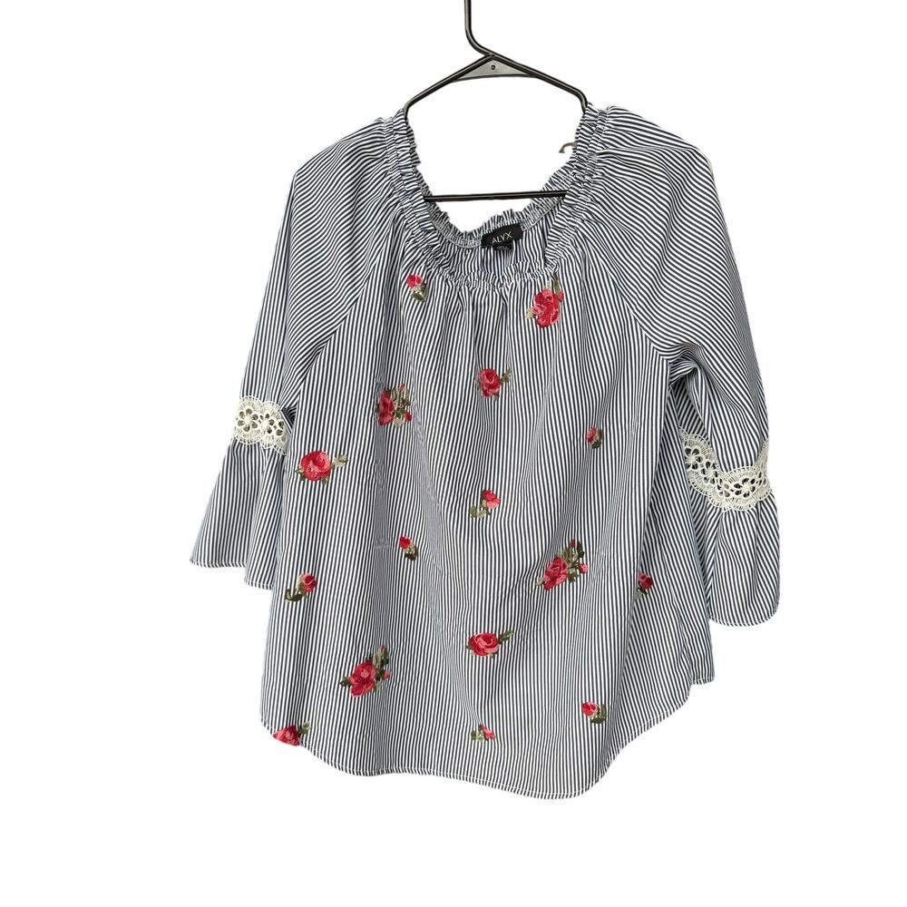 NWT ALYX Women’s Navy White Striped Embroidered Laced 3/4 Bell Sleeves Blouse XL